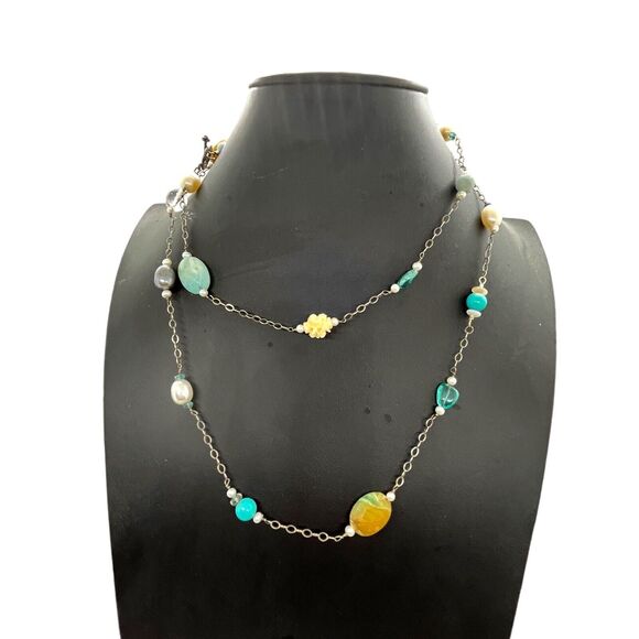 Shube Dakota West Sterling Multi Gemstone Native Necklace Station 925 Retro VTG - Picture 1 of 16